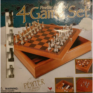 Cardinal 2002 Pewter & Wood 4 Game Set Checkers Backgammon Tic Tac Toe Chess